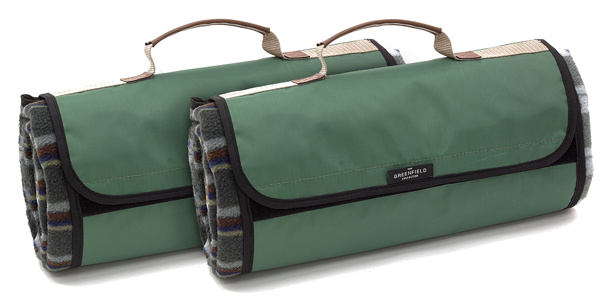 Greenfield Collection 135cm x 148cm Luxury Twin Set 2x Forest Green Plaid Moisture Resistant Picnic Blanket for Camping, Outdoor, Park, Hiking Beach With carrying Handle