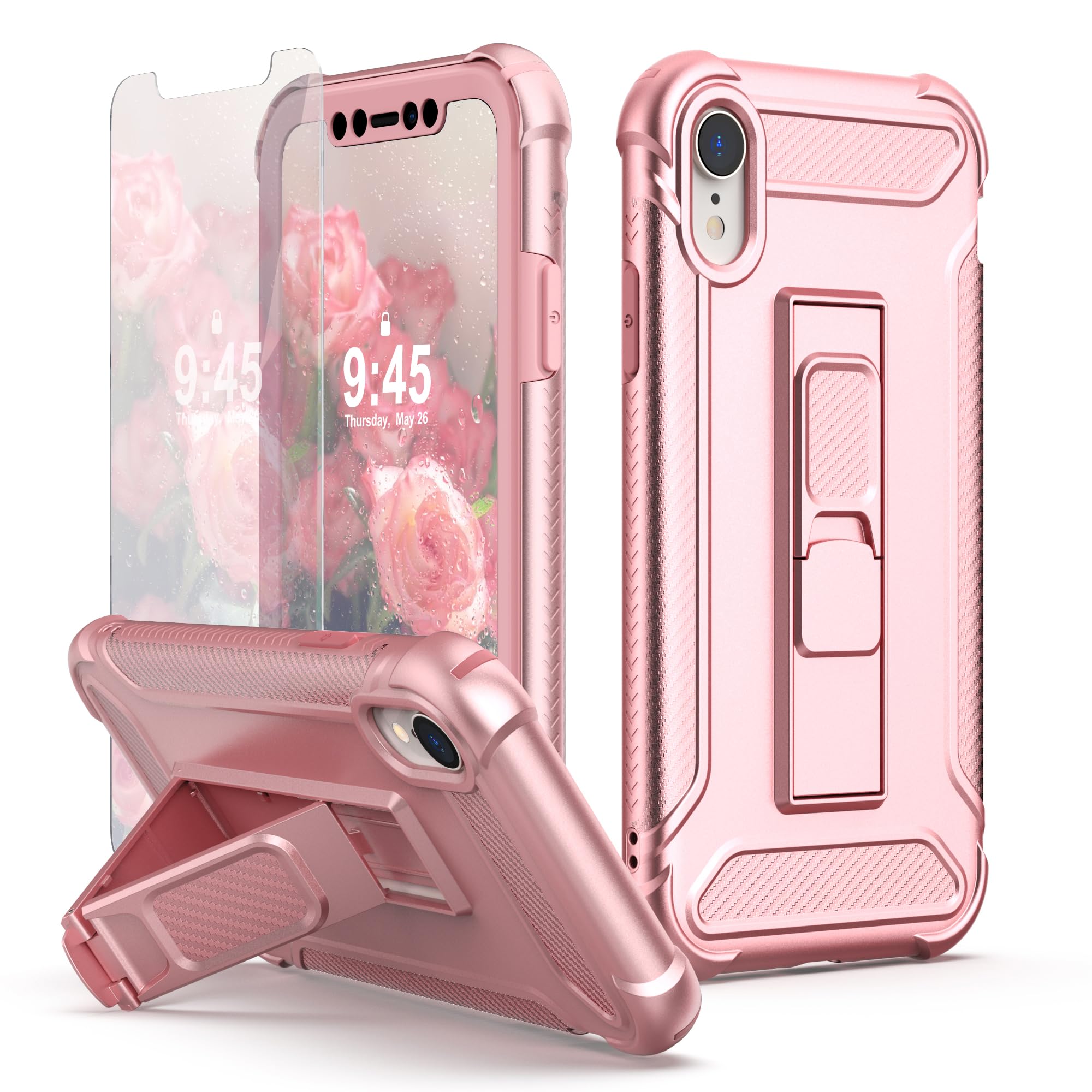 ORETECH Designed for iPhone XR Case,and [2 x Tempered Glass Screen Protectors] [Heavy Duty Protection] [Kickstand & Phone Holder] 5 in 1 Full Body Shockproof Protective Cover for iPhone Xr - New Rose