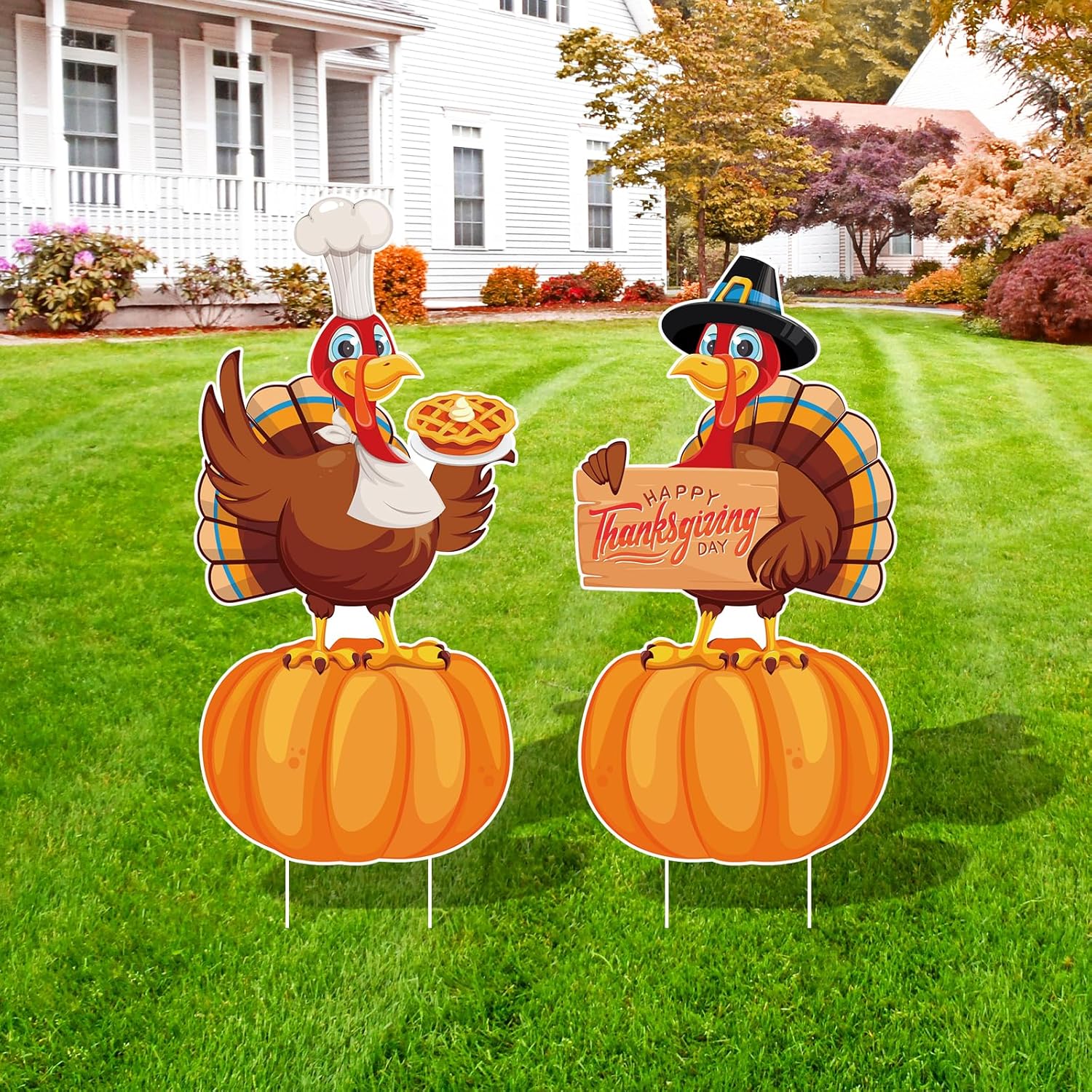 Yard Signs - Arosche Large Thanksgiving Yard Signs 2pc with Stakes Happy Thanksgiving Decorations Outdoor Turkey Pumpkins Harvest Garden Wall Porch Signs Seasonal Holiday Party Supplies Lawn Yard Decorations
