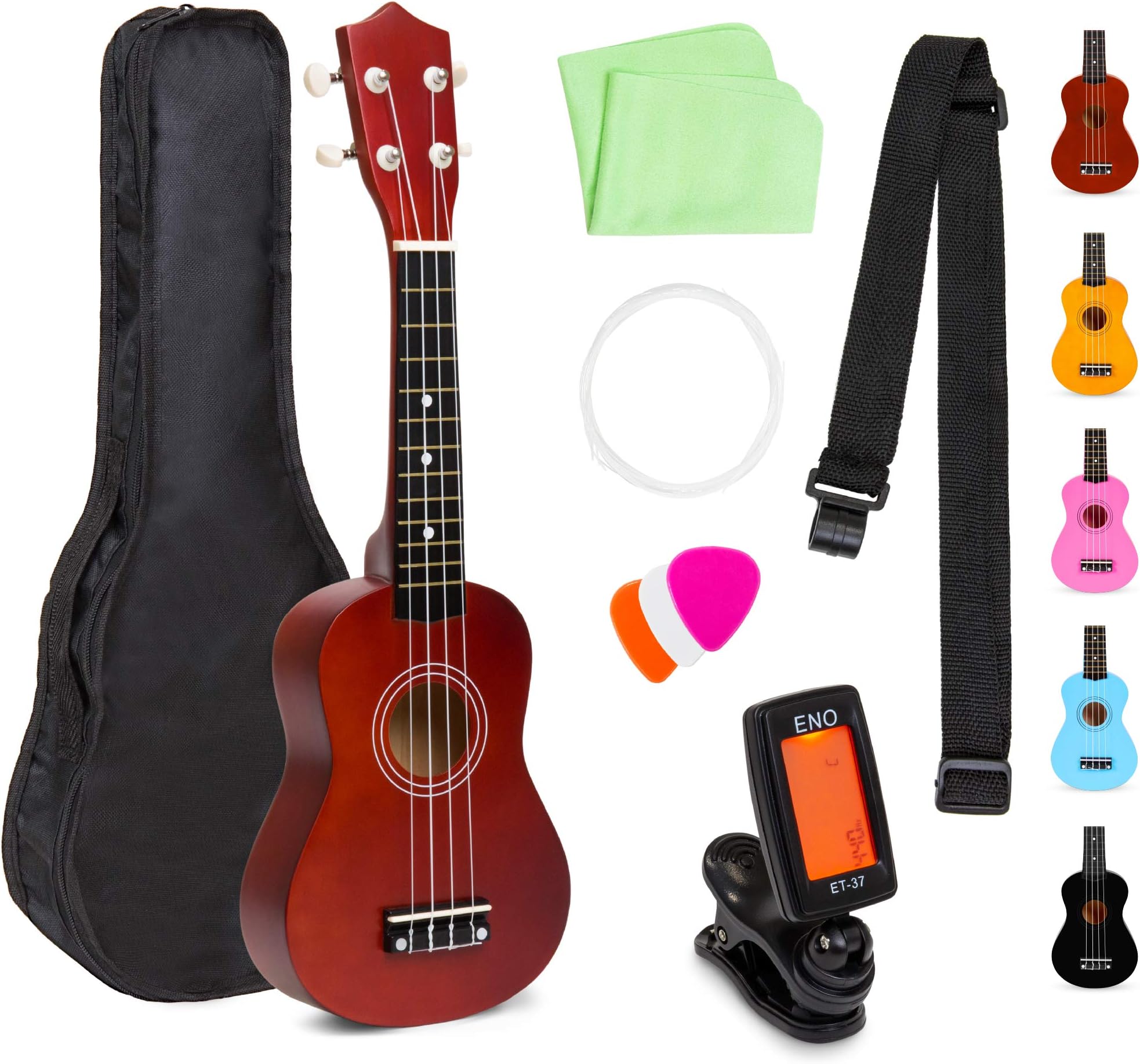 Best Choice Products 21in Acoustic Soprano Basswood Ukulele Starter Kit w/Nylon Carrying Gig Bag, Strap, Colorful Picks, Polishing Cloth, Clip-On Digital Tuner, Extra String - Brown