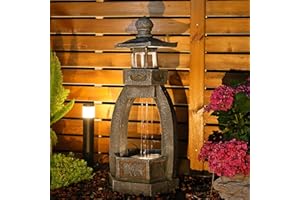 Tankana Outdoor Garden Water Fountain - Modern Tranquil Zen Pagoda Waterfalls Fountains with LED Lights & Pump for Patio Yard Porch Pool Decor, Gray, 33.5 inches