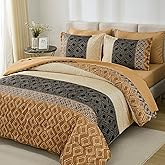 Dinjoy Boho Queen Comforter Set Brown,7 Piece Bed in a Bag Queen Size Warm Fall Bedding Sets Striped Comforters Bed Set with Sheets for Family All Season