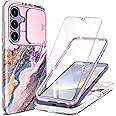 GVIEWIN Designed for Samsung Galaxy S24 Plus Case with Slide Camera Cover+Screen Protector,[10FT Drop Protection]Marble Full Body Shockproof Protective Cover for S24+ Plus 6.7", Dreamland River/Purple