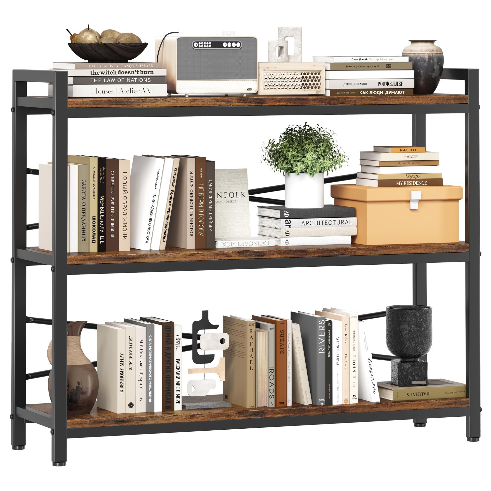 Photo 1 of 3 Tier Bookshelf 39.37" Width, Dorm Desk Hutch, Desk Shelf, Long Industrial Bookcase, Wooden Large Book Shelf for School Home Living Room Bedroom Office Storage(Vintage)