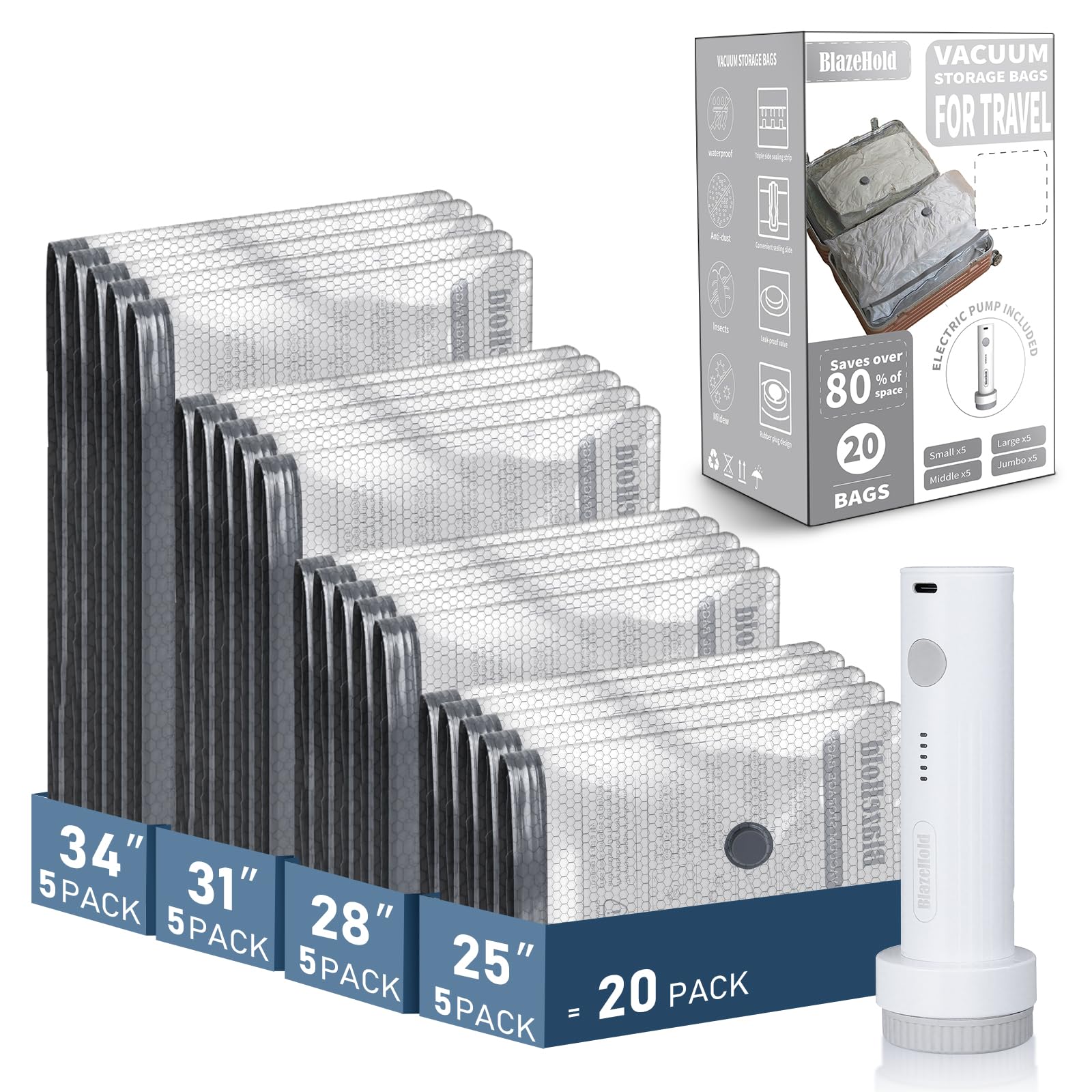 Photo 1 of 20 Pack Travel Vacuum Storage Bags with Rechargeable Electric Pump, Compression Packing Seal Bag for Luggage and Suitcase, 5 Small + 5 Medium + 5 Large + 5 Jumbo Space Saver Bags for Clothing Travel