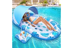 KIZJORYA 2025 New Pool Floats Adult with Canopy and Cup Holder, 3-in-1 Inflatable Pool Lounge Floaties for Swimming Pool Lake Beach Water, Raft Lounger Floating Chair for Adults Heavy Duty