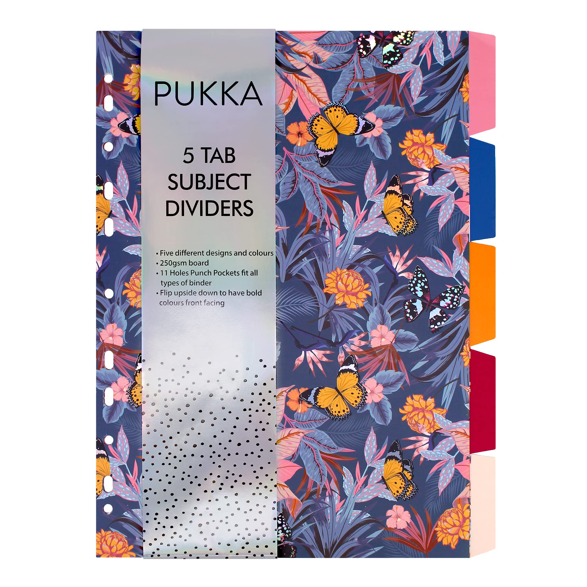 Pukka Pad, Bloom A4 5-Part Divider Set – 5 Reversible Subject Dividers with Floral Designs and Bright Colours on Reverse – 11-Hole Punch Design on 250GSM Board