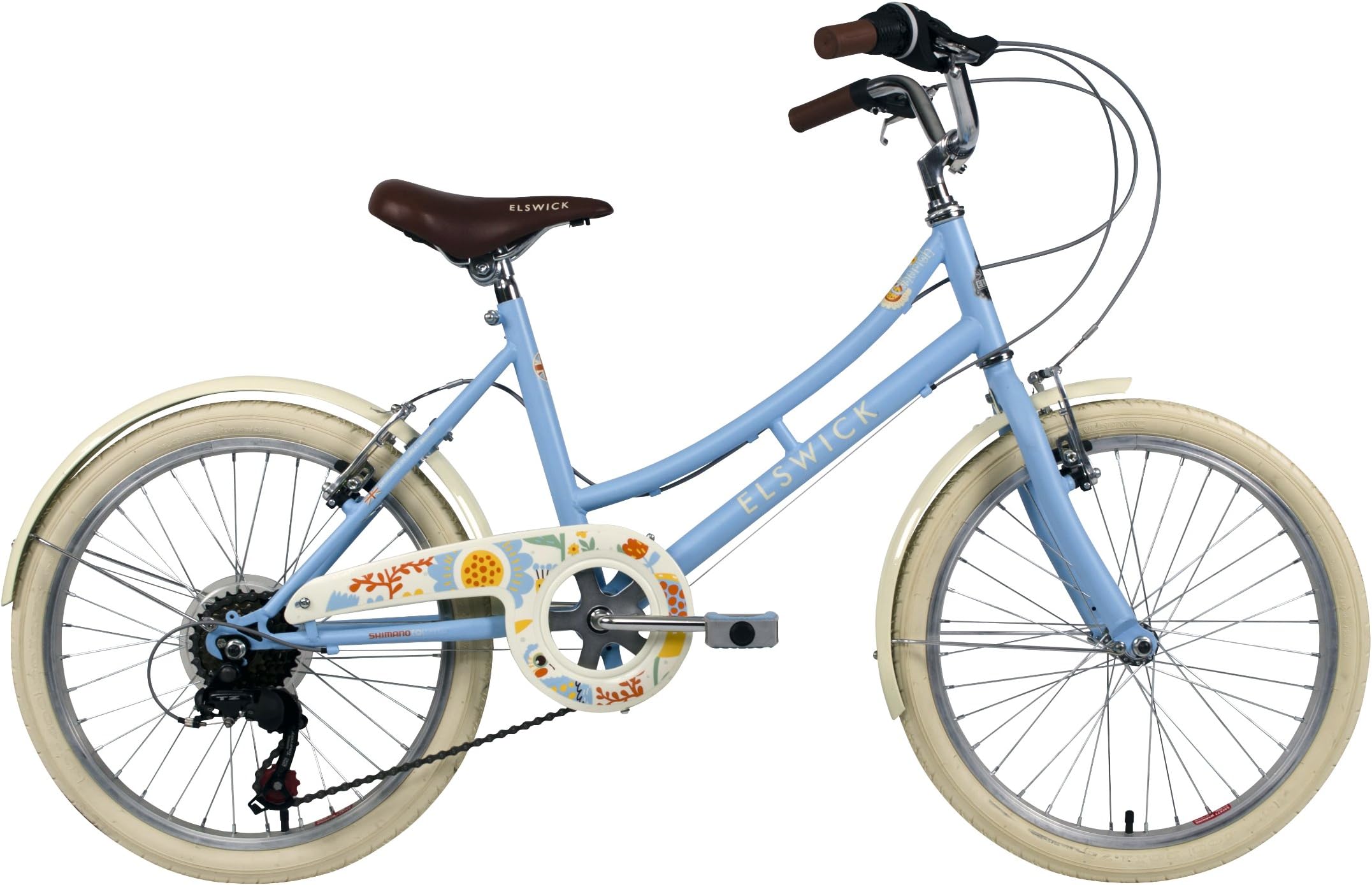 ElswickCherish Girls' Mountain Bike Baby Blue, 11" inch steel frame, 6-speed v-brakes provide ideal braking performance co-ordinated full length chainguard
