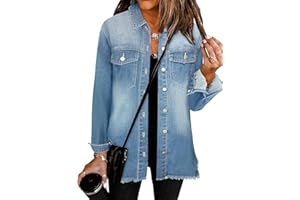 Bosmeer Women's Oversized Jean Jacket Casual Long Sleeve Denim Shirts Distressed Frayed Hem Denim Jackets Fall Outfits 2025