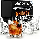 Aged & Charred Old Fashioned Whiskey Glasses (Set of 4) - 11 Oz Rocks Barware for Scotch Bourbon Liquor and Cocktail Drinks - Premium Whiskey Bourbon Gift Box for Men