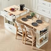 48"-76" Kitchen Islands with Extendable Dining Table, 2-4 People, White | Double-Side Storage Rolling Kitchen Cart with Adjustable Shelf, Power Outlet &amp; Solid Rubberwood Tabletop