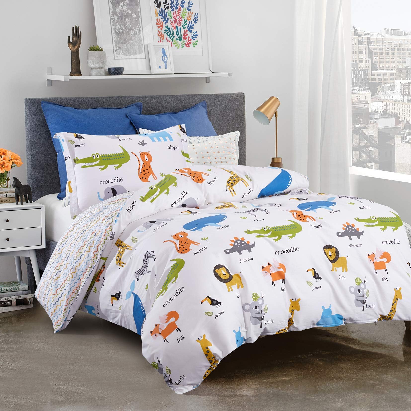 Moonleaf Animal Cartoon Kids Teens Duvet Cover 2 Piece Set Cotton with Zipper Closure Corner Ties (Twin,68"x88")