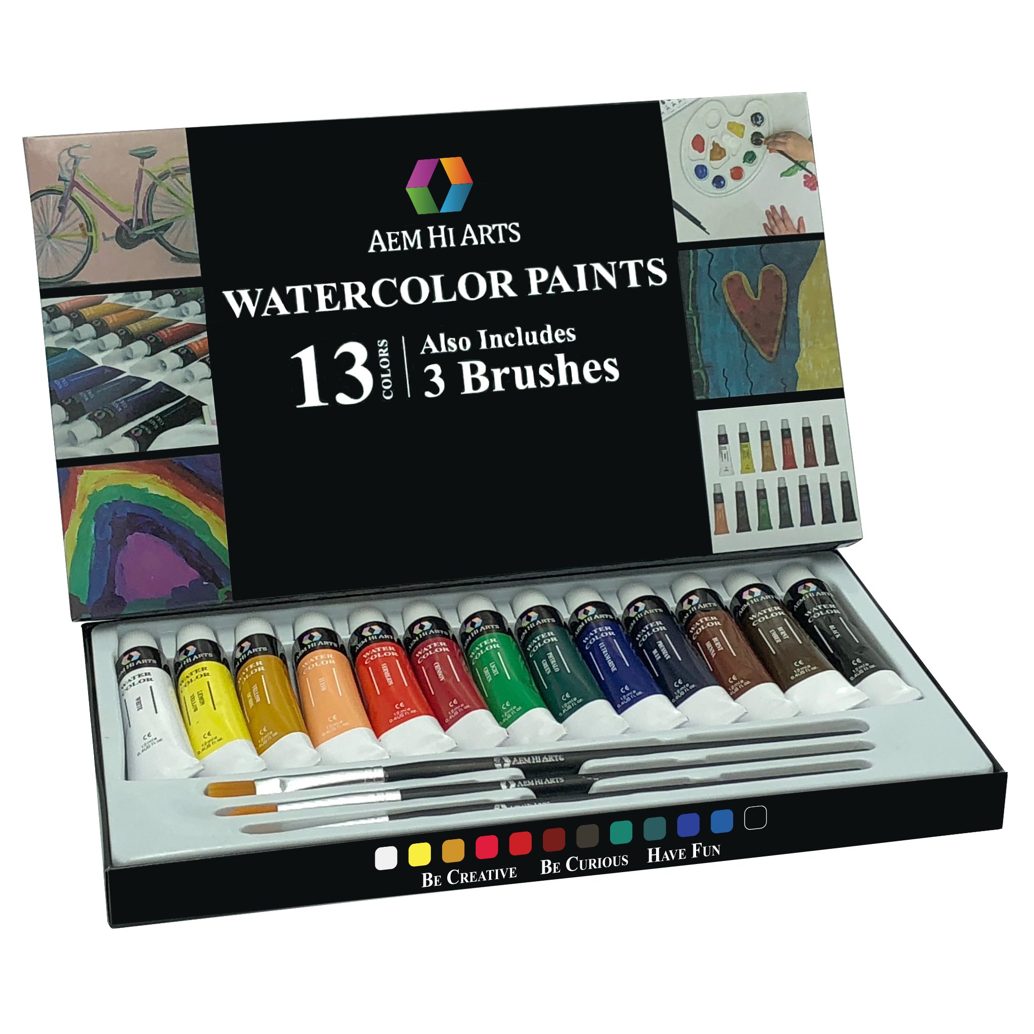 Watercolor Paint Artist Set - By Aem Hi Arts- 13 Tube Art Kit Includes Colorful Water Color Paints And Watercolor Brushes - Portable, Small And Washable, Great For Kids And Professional Artists-