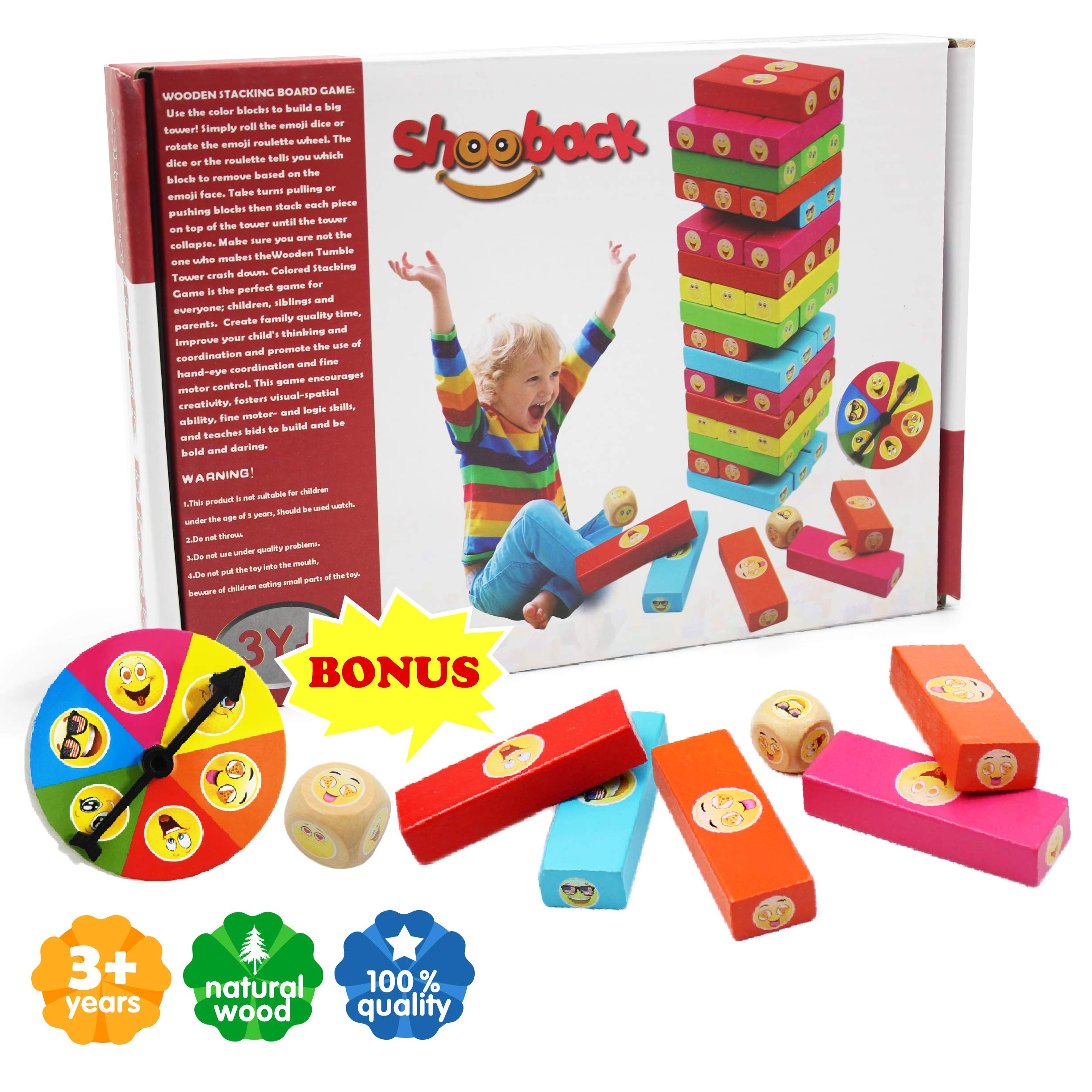 ShooBacK Tumbling Stacking Color Blocks for Kids 51 Pcs Plus Roulette and 2 Dices,Wooden Colored Toppling Stacking Game for Boys and Girls at Age 3 Years Old and up.