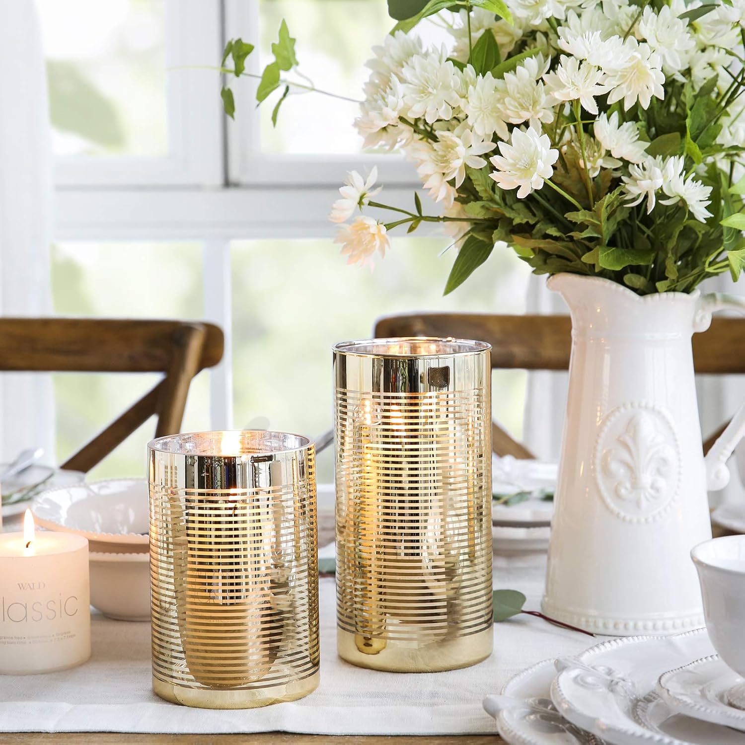 Cyl Home Hurricane Candleholders Clear Glass with Unique Golden Striped Decor Dining Table Centerpieces Cylinder Vases Gifts for Wedding Housewarming Christmas Party，7.9'' Height.: Kitchen & Dining