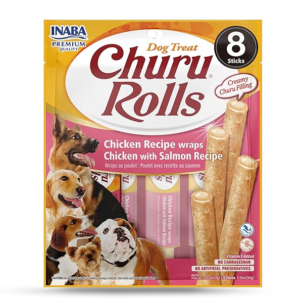 INABA CHURU ROLLS CHICKEN WRAPS CHICKEN WITH SALMON RECIPE DOG TREATS, 3.36 OZ.