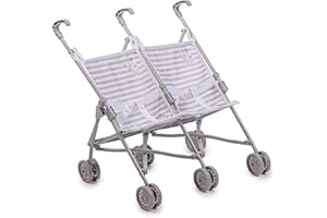 JC Toys Boutique | Twin Folding Umbrella Doll Stroller for Children 2 Years Plus, Grey Stripes and Soft Embroidery | Sturdy Metal Frame | Pretend Play with Dolls up to 18” Long | Seat Belts