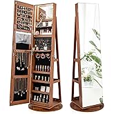 CHARMAID 360° Swivel Jewelry Armoire with Full Length Mirror, Rear Storage Shelves, Lockable Standing Jewelry Cabinet Organizer with Interior Vanity Mirror and 3-Color Lights (Walnut)