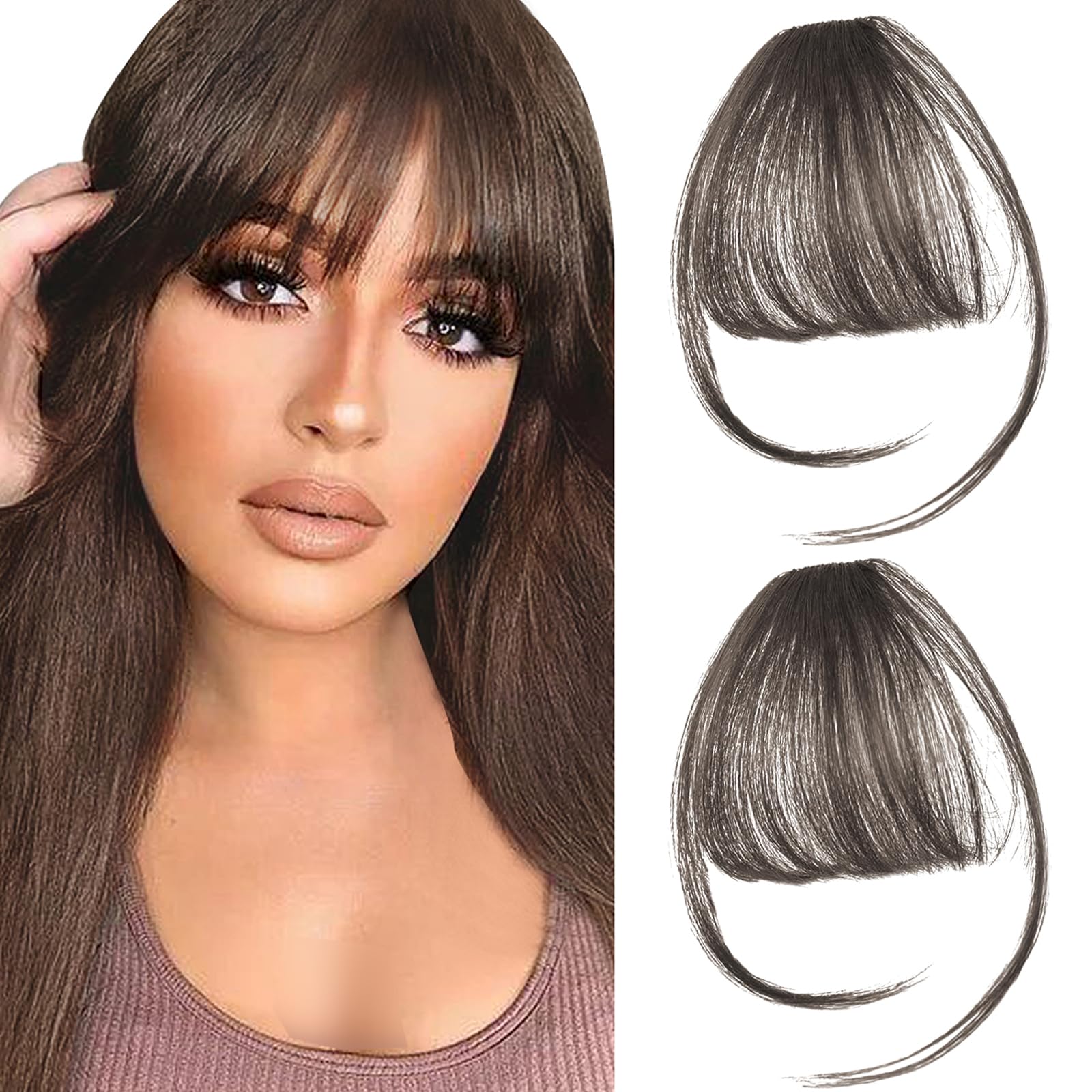 Photo 1 of 2PCS Clip in Bangs Real Human Hair,Fake Bangs Hair Clip on Bangs for Women,Curved Wispy Bangs with Temples Hairpieces,Bangs Clip in Hair Extensions Air Fringe for Girls Daily Wear - Brown Black…
