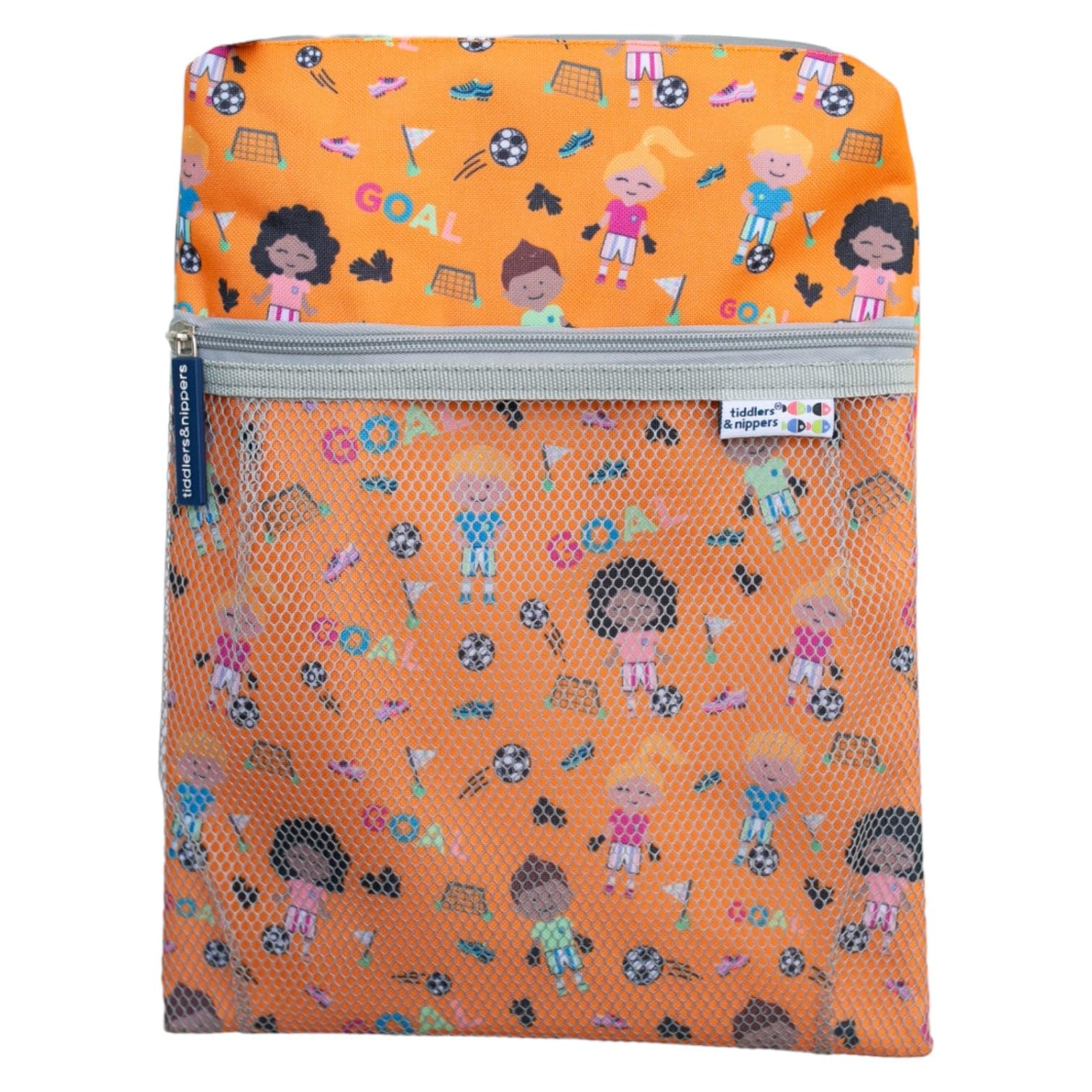 tiddlers & nippers Kids Swimming Bag | Wet & Dry Bag | External Pocket for Dry Items | Swim Bag with Leak Proof, Waterproof, Zipped Section | Ideal Toilet/Nappy Training Bag (Football Fun)