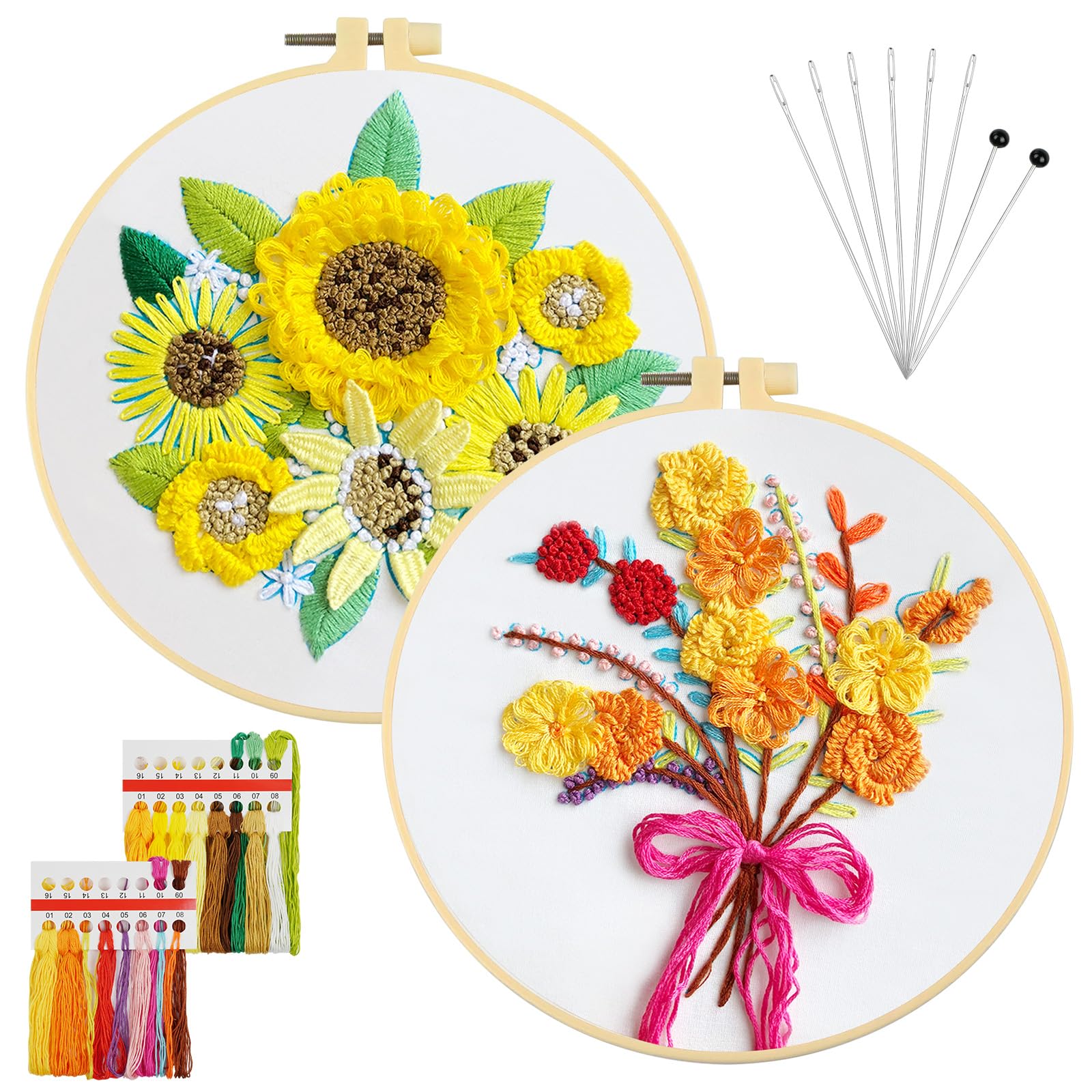 AUAUY 2 Sets Embroidery Kit for Beginners, Sunflower+Bouquet DIY Embroidery Starter Kit, Cross Stitch Kits for Adults Beginners, Embroidery Kits for Adults, Hand Embroidery Kits for Craft Enthusiasts
