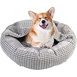 Dog Bed with Cover Cave, 23'' Cozy Cave Dog Bed with Blanket Attached, Burrow Covered Dog Bed, Hooded Donut Pet Cuddler Anxie