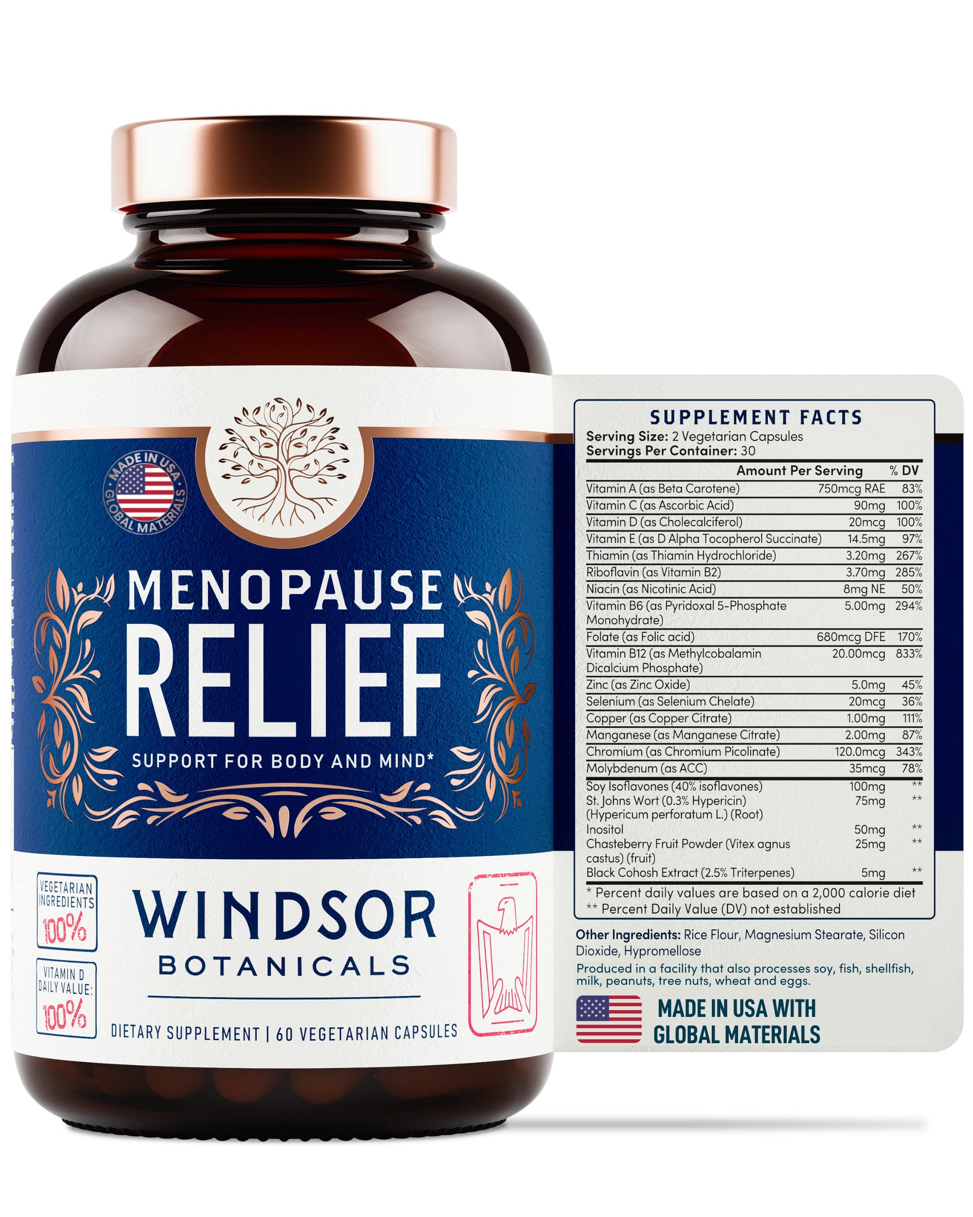 Menopause Supplements for Women - Windsor Botanicals Multivitamin with Chastebrry, Black Cohosh for Hot Flashes, Menopause Relief and Hormone Balance for Women - 60 Natural Progesterone Estrogen Pills