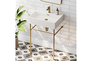 HOROW 24" x 17" Console Bathroom Sink with Stainless Steel Support Pedestal Legs, Free Standing Vanity Basin, Wall-Mount Modern Rectangular Ceramic Sink Porcelain, Brushed Gold