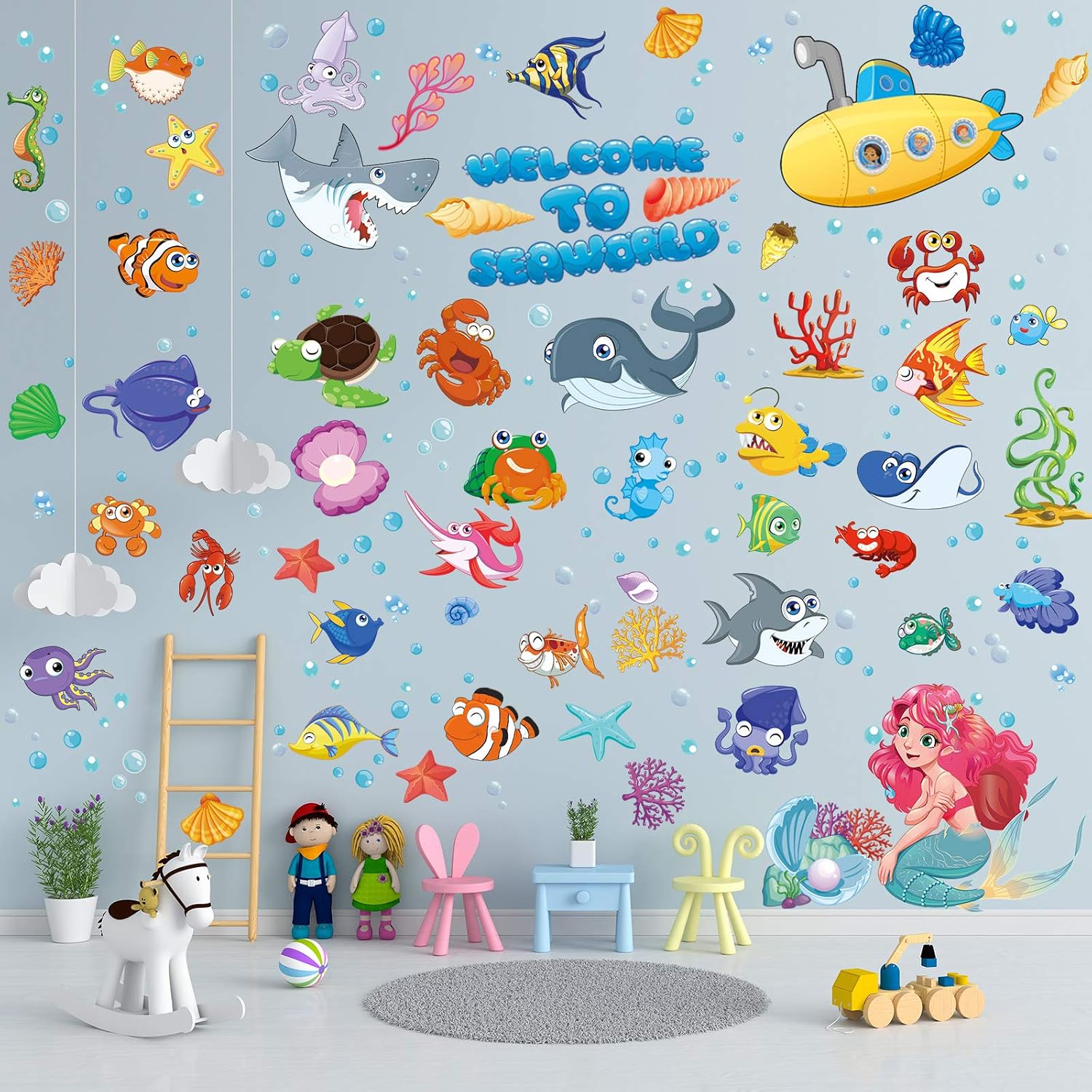 Mermaid Wall Stickers - Undersea Watercolor Ocean Animal Stickers for Kids Bathroom Bedroom Playroom Decoration - Image 4