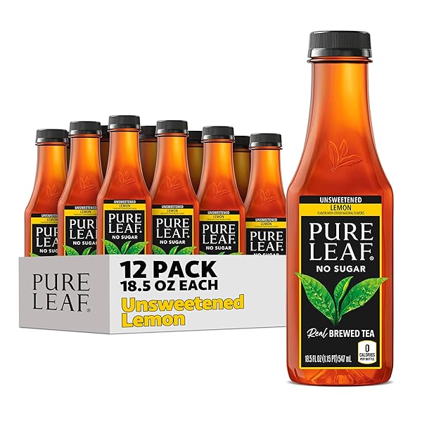 PURE LEAF ICED TEA, UNSWEETENED LEMON, REAL BREWED TEA, ZERO SUGAR & ZERO CALORIES, 18.5 FL OZ BOTTLES (PACK OF 12)