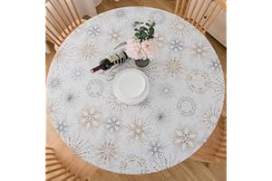 LIBERECOO Round Vinyl Fitted Tablecloth with Flannel Backing Elastic Edge Plastic Table Cover - Fireworks - Waterproof Table Cloth Stain-Resistant Wipeable for 45"-56" Round Table