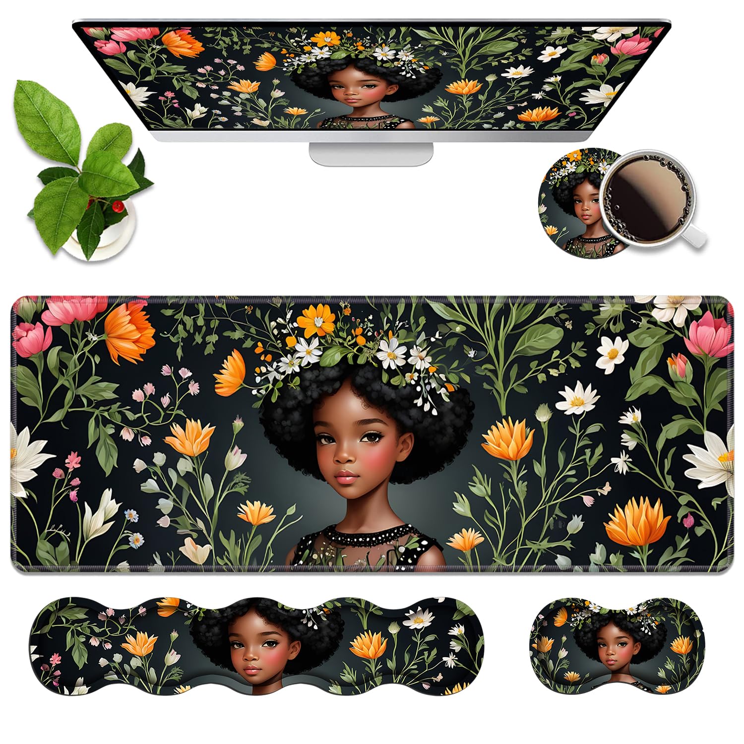 Photo 1 of 4 in 1 Ergonomic Memory Foam Mouse Pad Wrist Rest Set, Large XXL Gaming Desk Pad + Keyboard Wrist Rest + Mouse Wrist Cushion + Coaster for Home Office Study Gaming, African American Black Girl