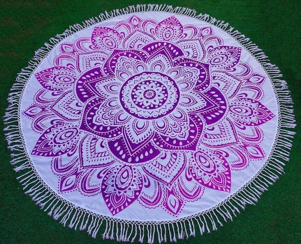 Round Mandala Indian Tapestry Beach Throw Purple Magenta Lotus Flower Towel Picnic Yoga 72 inches