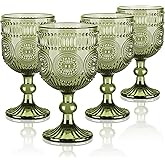 Joeyan Vintage Wine Glasses,12 oz Embossed Sunflower Green Goblet,Romantic Stemmed Drinking Glass Cups,Colored Hobnail Glassware for Water Juice Cocktail,Set of 4, Dishwasher Safe