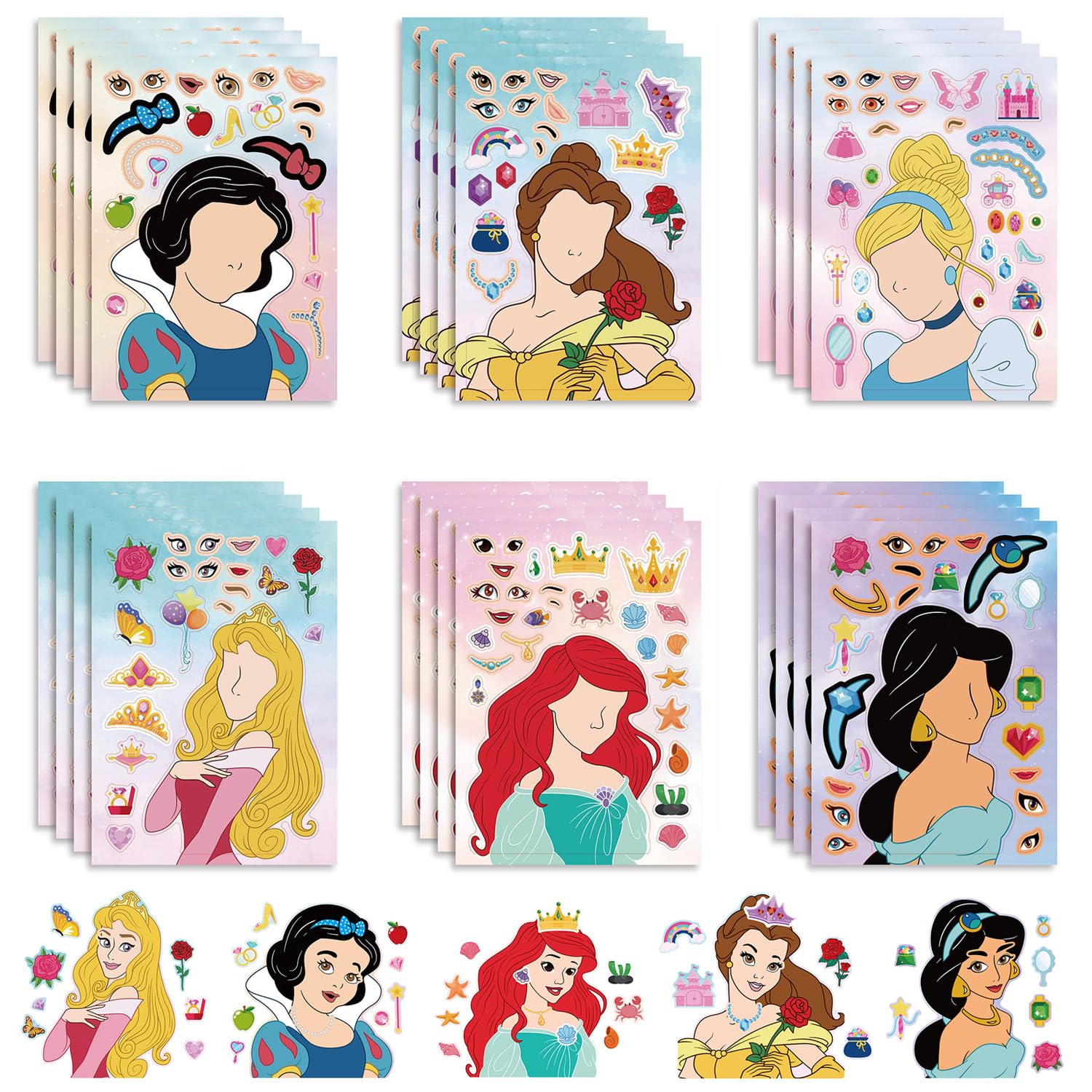 24 PCS Make a Face Sticker Sheets, Princess Stickers for Kids Crafts Make Your Own Stickers for Kids Toddlers, Make a Face Stickers Mix and Match with Princess for Kids Party Favor Supplies Craft