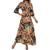 EWFKJ Women's Boho Retro Floral Print Maxi Dress Elegant Loose Bell Sleeve Spring Fall Dress
