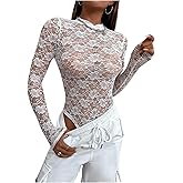 BEAUDRM Women's Floral Long Sleeve Lace Bodysuit Mock Neck Mesh Sexy Tops See Through Sheer Bodysuit