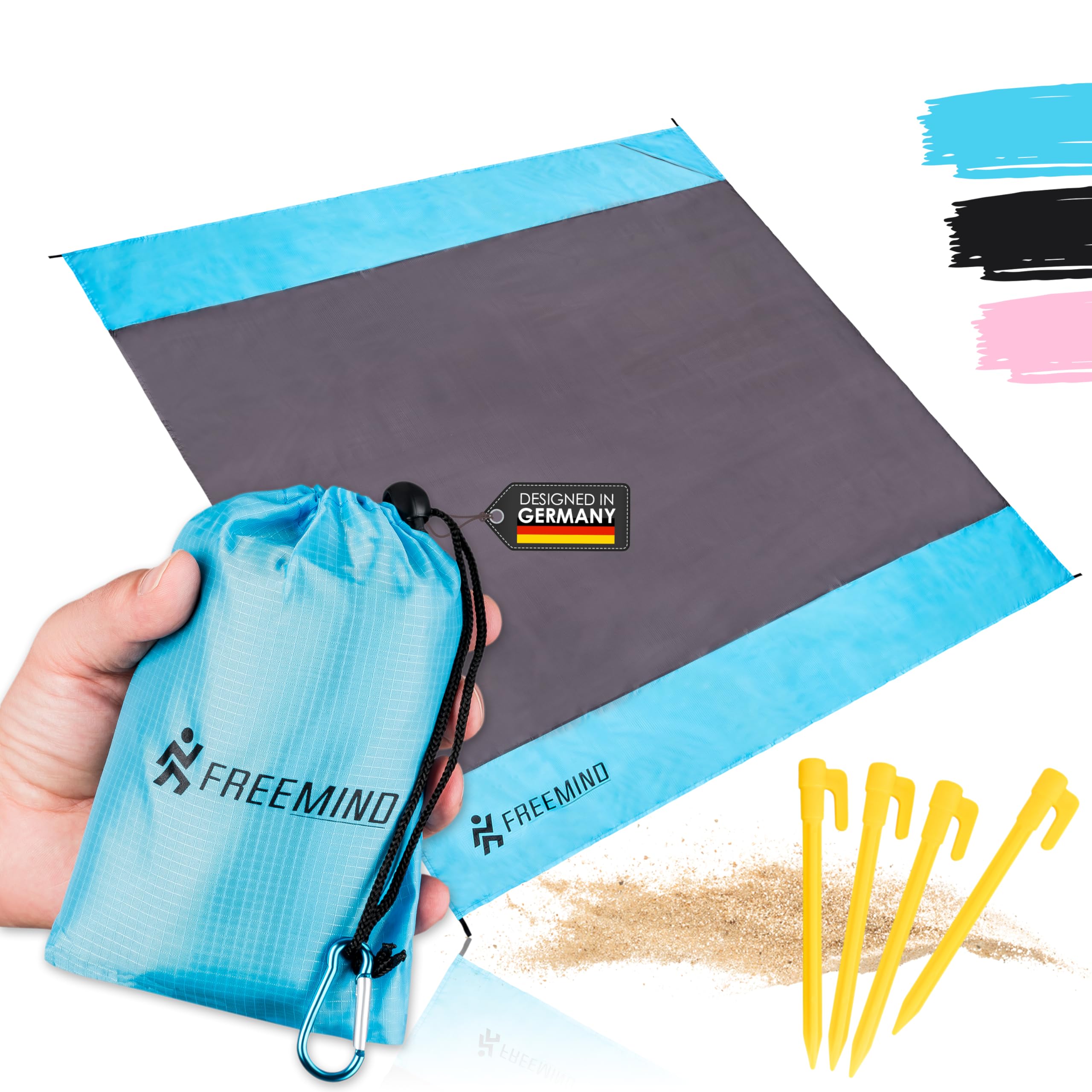 freemind® XXL Beach Blanket - Ultralight Thin Outdoor Beach Mat without Padding - 2 x 2 m - Water-Repellent, Compact, Sand-Free - Mini Pocket Beach Blanket - Includes Bag, 4 Pegs, Carabiner