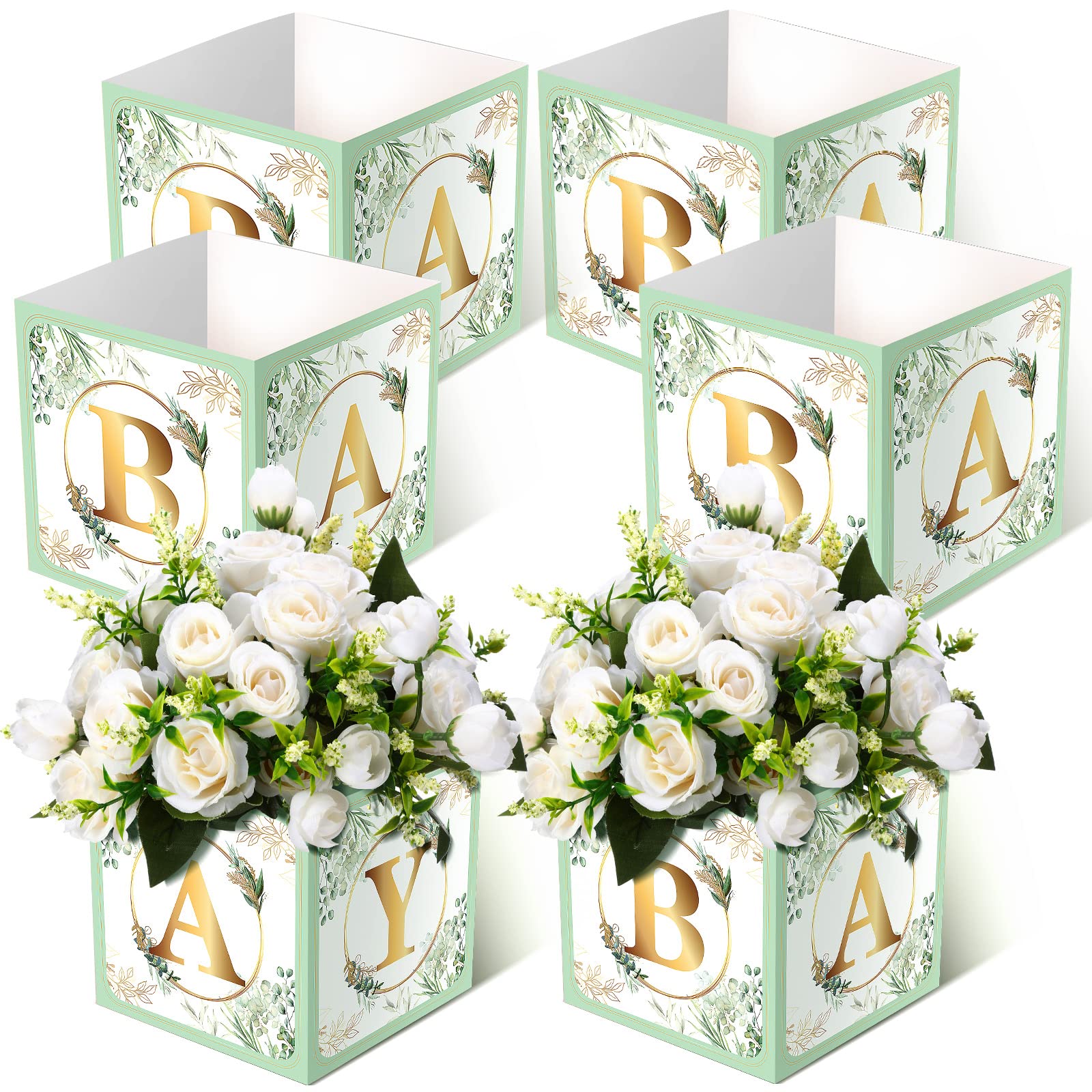 Photo 1 of Bucherry 6 Pcs Baby Shower Party Decorations Baby Flower Boxes Centerpiece Rustic Table Display with Letters Gender Reveal Party Favor Block Holder(Green,Sage Green Leaf)