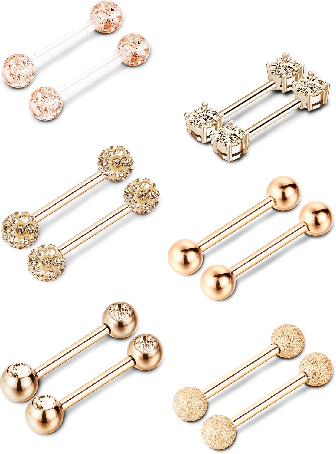 6 works Nipple Tongue Ring Stainless Steel Barbell Rings Cubic Zirconia Nipplerings Body Piercing Jewelry, 14 Gauge (Rose Gold)