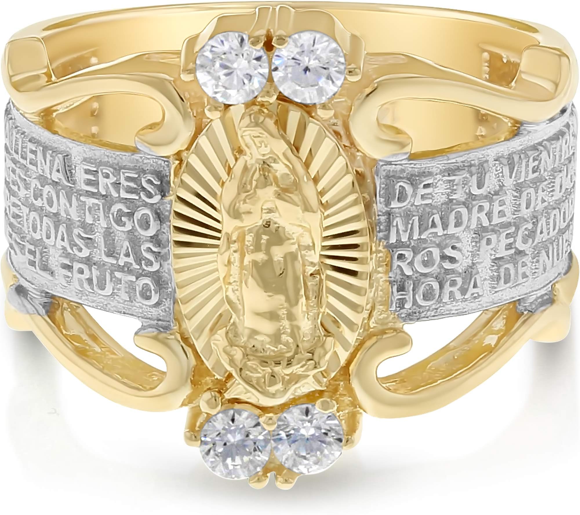 Ioka - 14K Yellow Solid Gold CZ Dios te salve, Maria Virgin Mary Religious Ring