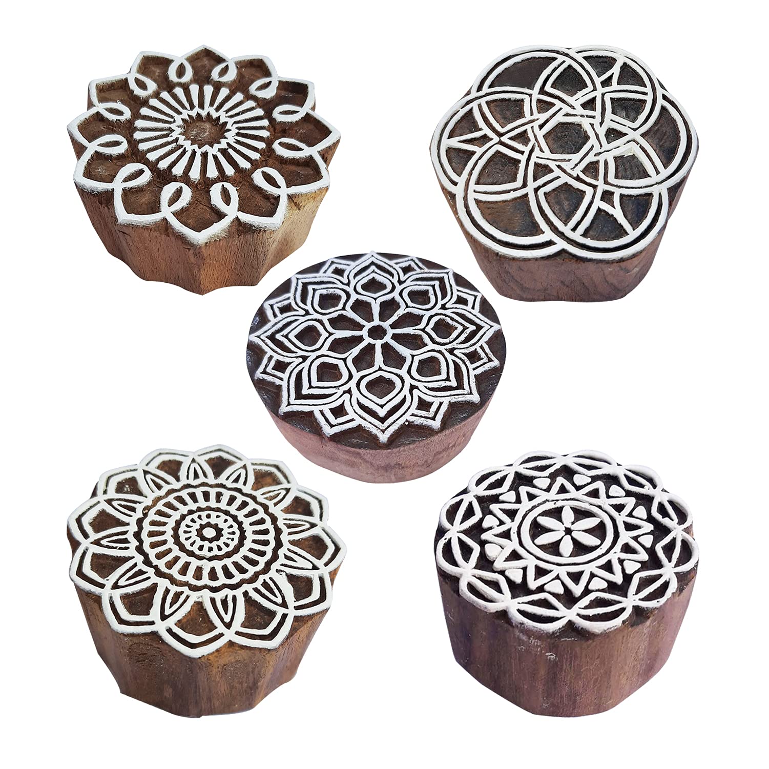 Royal Kraft Round Wooden Printing Stamps (Set of 5) - DIY Henna Fabric Textile Paper Clay Pottery Blocks Htag2204