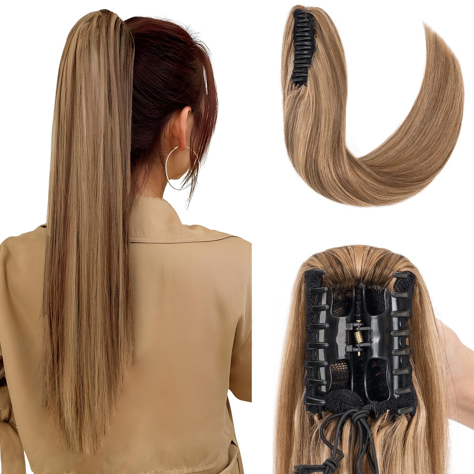 Elailite Ponytail Extension Real Human Hair Claw on Clip Natural HairPiece Straight (#4/27 Medium Brown Mix Dark Blonde, 20 Inch)