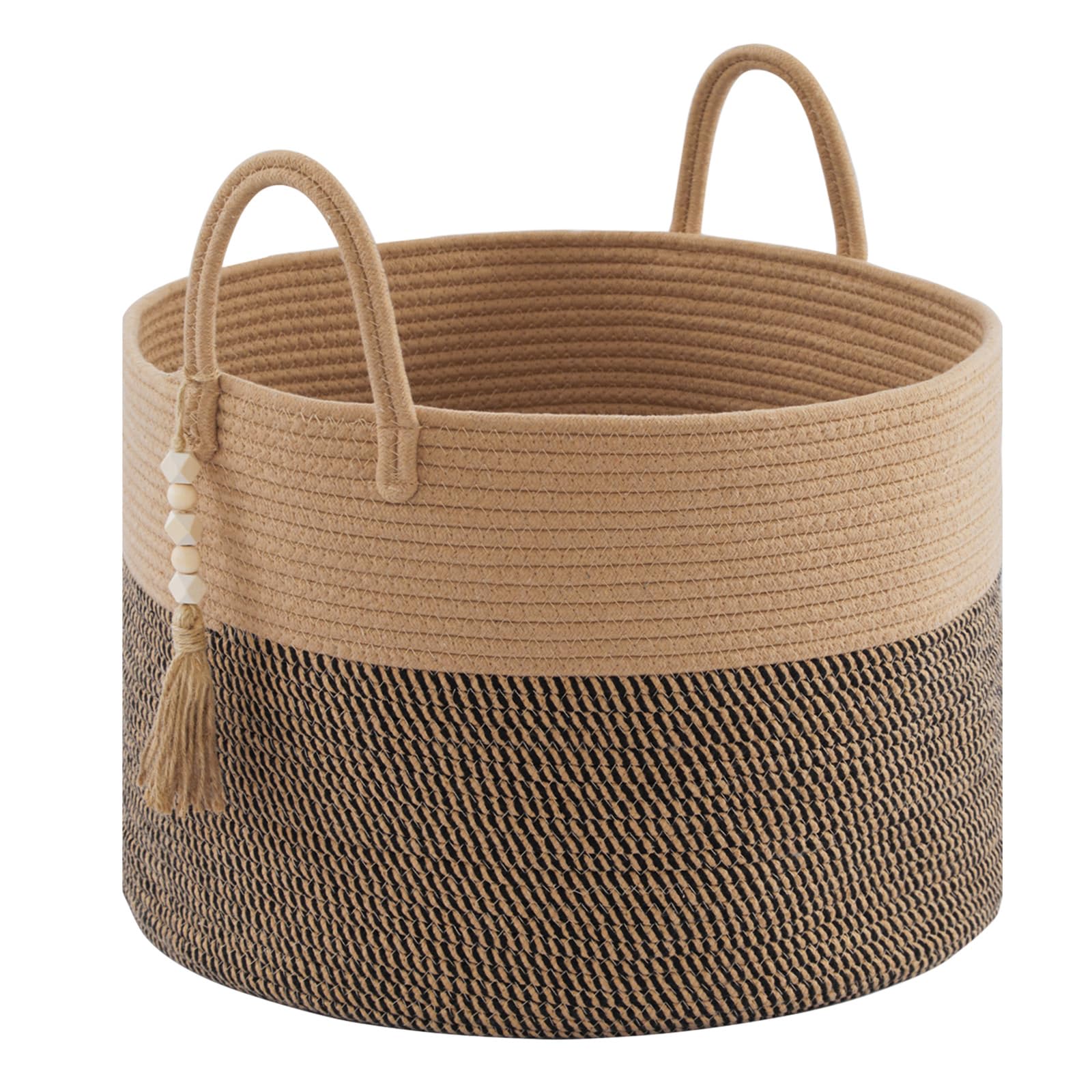 YOUDENOVA Laundry Basket With Wooden Hanging Bead, Toy Storage Basket for Kids, Cotton Rope Blanket Basket Large, Woven Storage Basket, Washing Basket With Handle 65L, Brown Mix