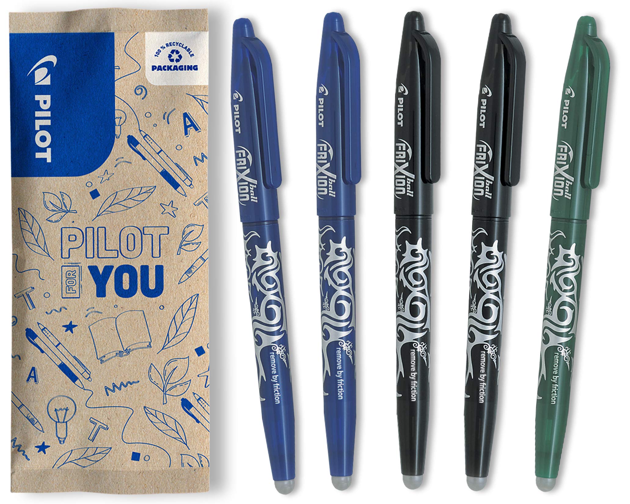 PILOT - Set of 5 Frixion Ball - Erasable Rollerball - Blue, Black, Green - Medium Tip