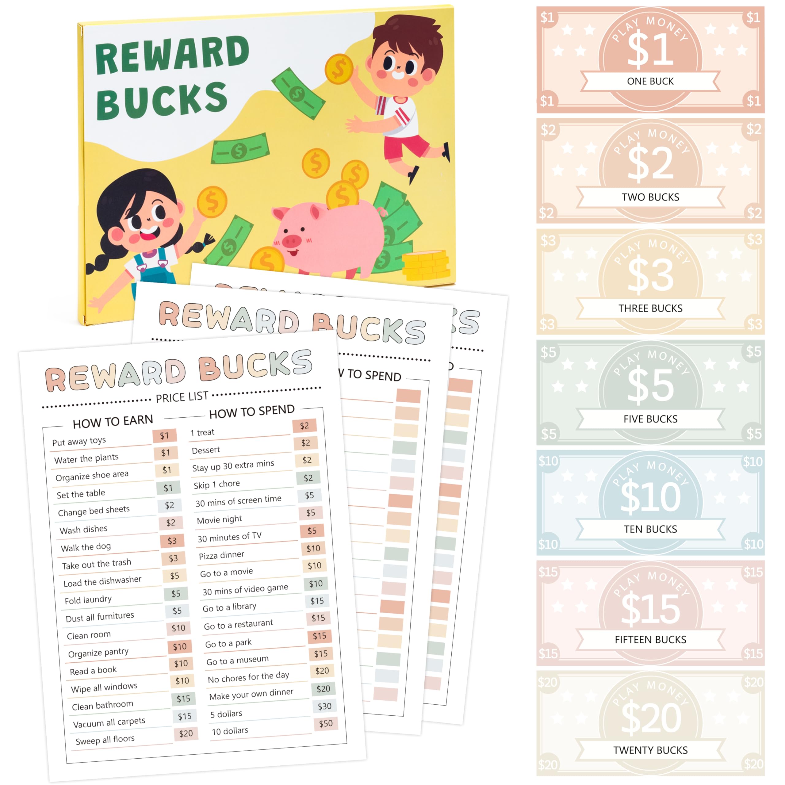 Photo 1 of COcnny Kids Reward Bucks Charts - 633pcs Good Behavior Reward System Chore Chart Bucks List, Prop Play Money Routine Chart Financial Literacy Board Lists Task Schedule Home Visual for Toddles Boy Girl