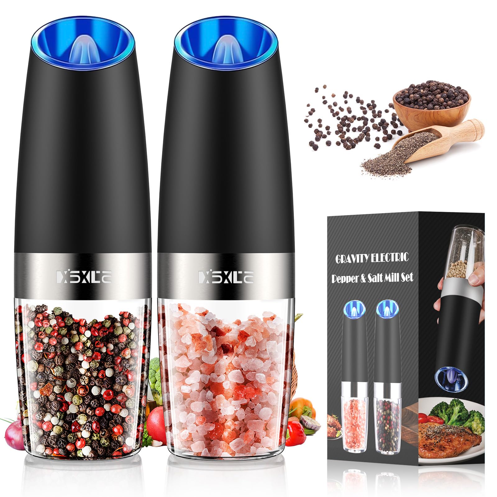 Photo 1 of XinXu Gravity Automatic Electric Pepper and Salt Grinder, Auto Salt or Pepper Mill Shaker Stainless Steel,Blue LED Light,One Hand Operated, Black