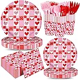 168pcs Valentine Party Supplies Paper Plates Napkins Red Heart Checkered Disposable Tableware for Valentine Party Dinnerware Serve 24 Guests