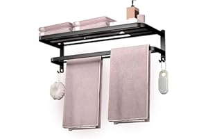 DDS-DUDES Bathroom Towel Rack Towel Shelf with Double Towel Bars Lavatory Wall Mount Holder with Hooks Stainless Steel Hotel Bath Rack (Matte Black 23 inches)