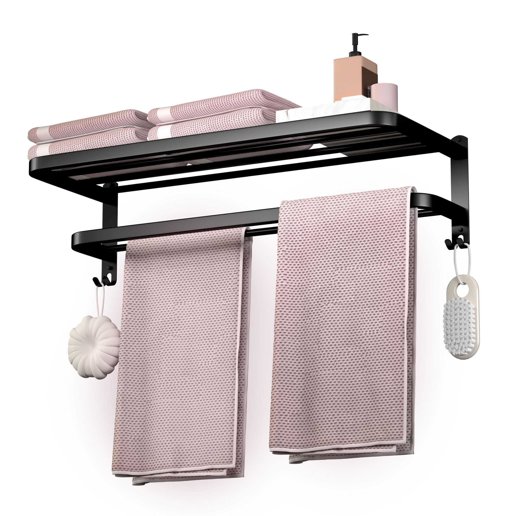 DDS-DUDES Bathroom Towel Rack Towel Shelf with Double Towel Bars Lavatory Wall Mount Holder with Hooks Stainless Steel Hotel Bath Rack (Matte Black 24 inches)